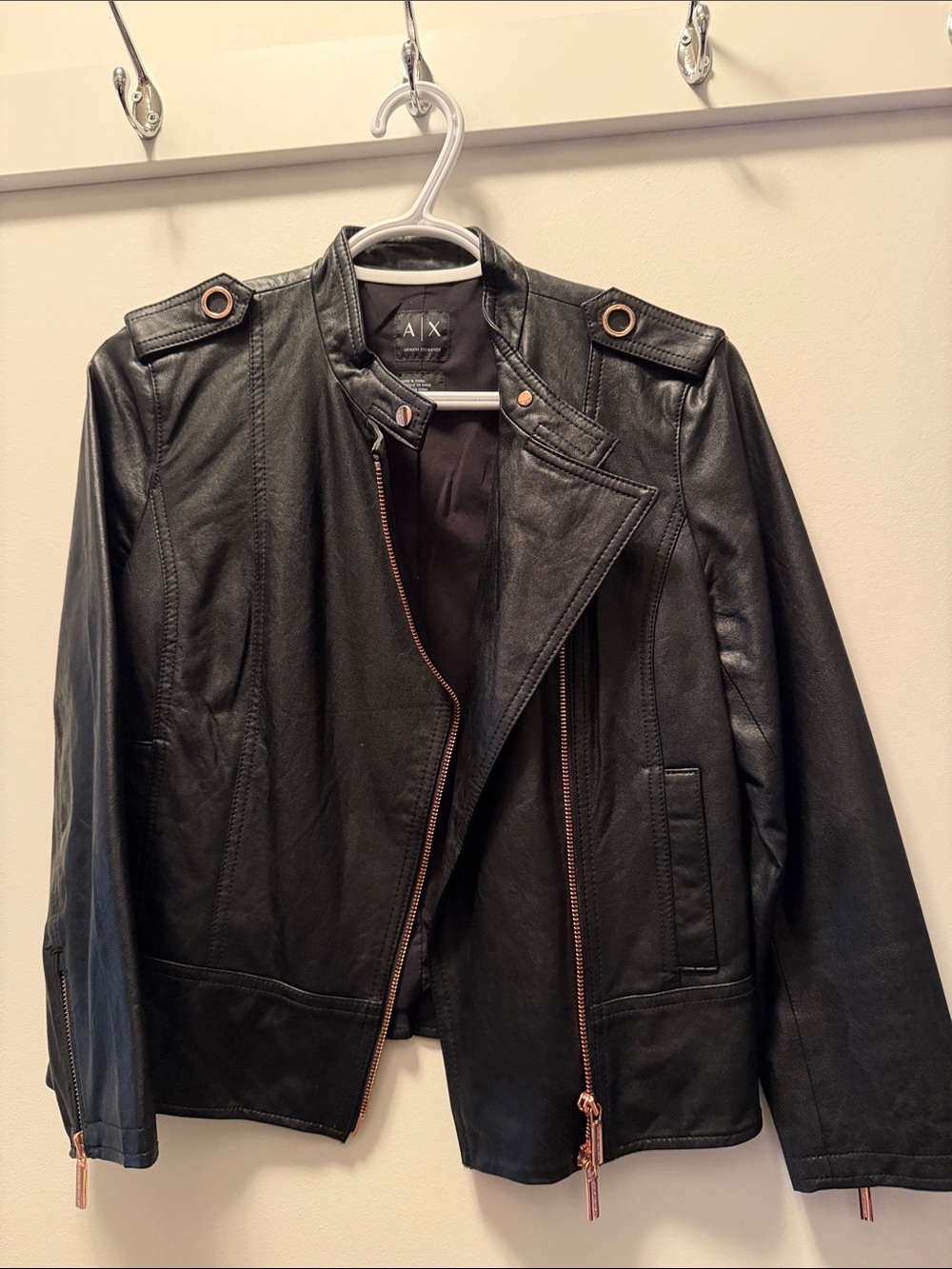 A/X Armani Exchange Black Faux Leather Moto Jacket with Copper Hardware